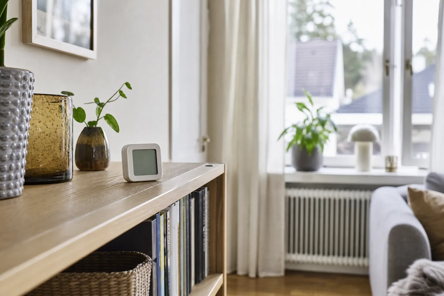Hygrometer på bokhylla i ett vardagsrum