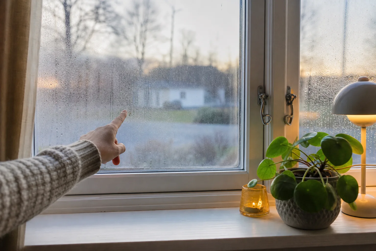 Kondens på nederdelen av en kall fönsterruta i ett uppvärmt rum