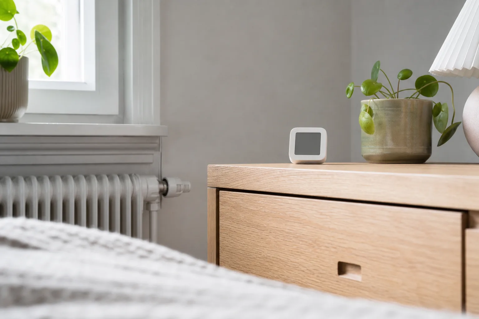 Hygrometer på ett bord i ett uppvärmt vardagsrum med fönster i bakgrunden