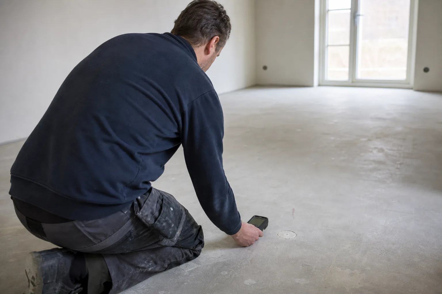 Tätat mäthål i betonggolv under renovering