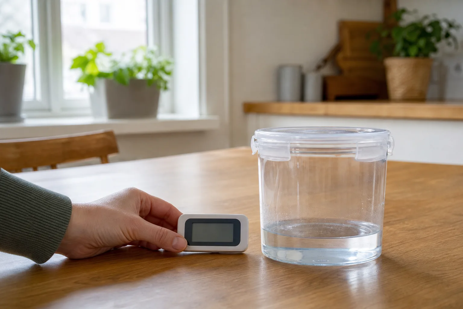 Hygrometer och ett separat litet kärl med fuktigt salt i en genomskinlig behållare